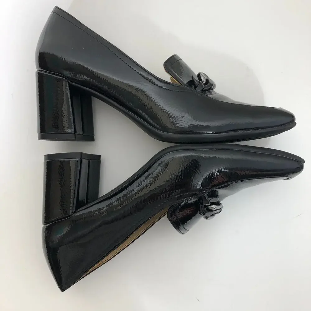 Naturalizer Pump Black Patent Faux Leather Block Heel Square Toe Chain Bit 7.5